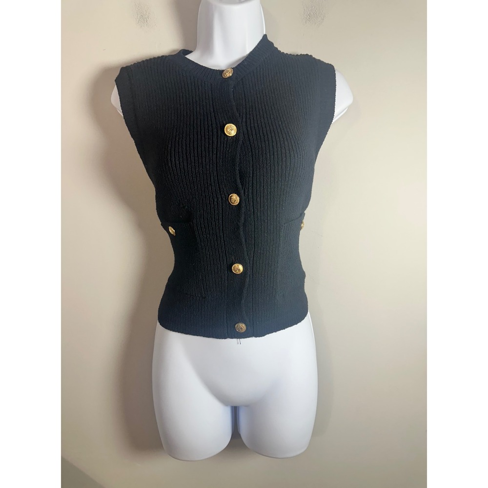 Zara Black Ribbed Knit Vest Gold Medallion Button Cardigan Top 6771/104 M
